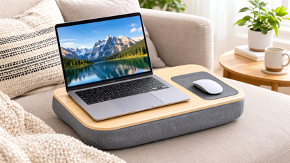 Portable cushioned laptop lap desk on a sofa with laptop and mouse